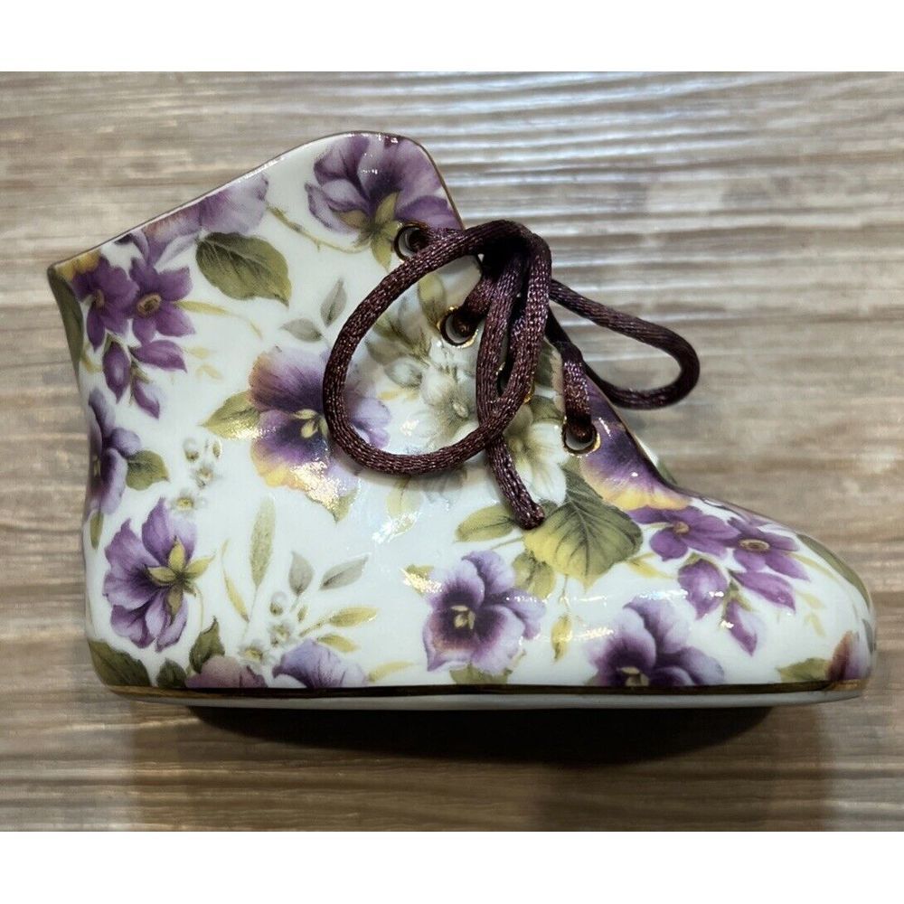 NANTUCKET HOME PORCELAIN Baby Shoe‎ with Violets, Gold Trim and Purple Lace